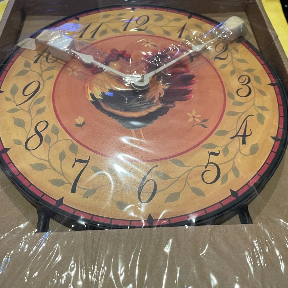 French Country Rooster Wall Clock Rich Gold/orange/ Black/metal stand NEW in Box